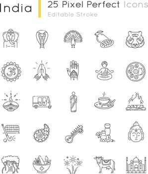 Indian culture pixel perfect linear icons set