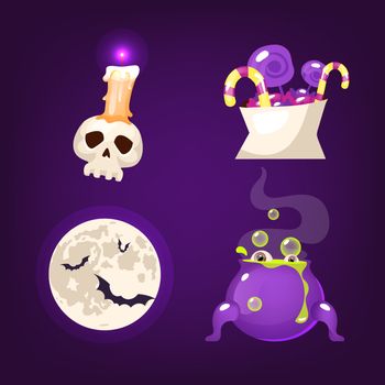 Halloween decoration cartoon vector set. Realistic spooky and scary items isolated on purple. Skull, sweets, moon and bats stickers. Witch cauldron with magic potion patch. Horror decor flat cliparts