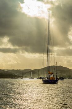 Sunset view of Rodney bay with yachts anchored in the lagoon, Sa