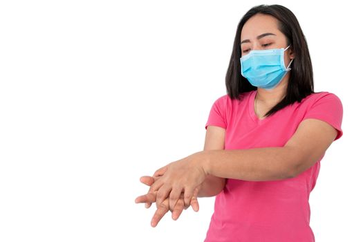 During the coronavirus (COVID-19) epidemic, A woman washing her hands with alcohol gel isolated on white background