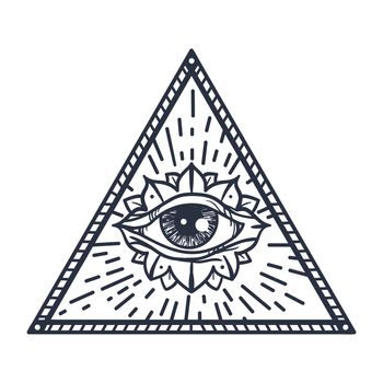 Vintage All Seeing Eye in Triangle. Providence magic symbol for print, tattoo, coloring book,fabric, t-shirt, cloth in boho style. Astrology, occult and tribal, esoteric and alchemy sign. Vector