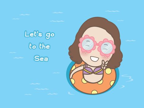cartoon cute girl floating with inflatable ring on the sea, vect