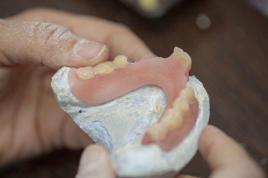 Dental technician check denture prothesis in dental laboratory
