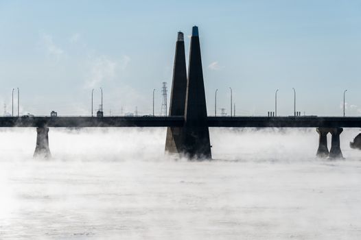 Montreal, CA - 1 January 2018: Pont de la Concorde as ice fog ri