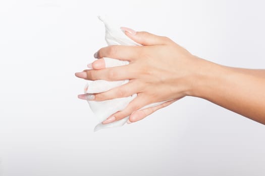 Woman use wet wipes for cleaning hands
