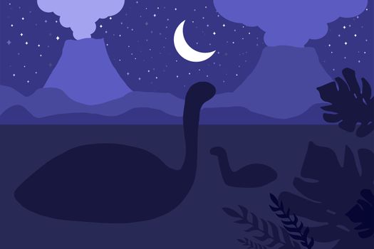 Swimming dinosaurs. Night nature scene