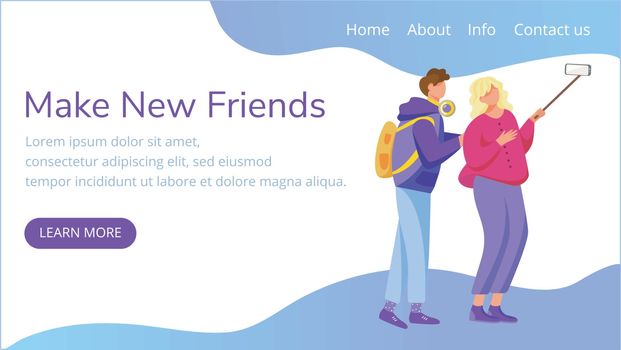 Make new friends landing page vector template. Taking selfie website interface idea with flat illustrations. Millennials homepage layout. Capturing moments web banner, webpage cartoon concept