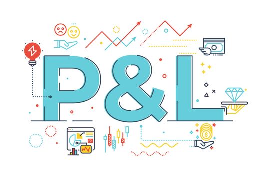 P&L - profit and loss word lettering illustration with icons for web banner, flyer, landing page, presentation, book cover, article, etc.
