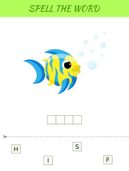 Spelling word scramble game template. Educational activity for preschool years kids and toddlers with cute fish. Flat vector stock illustration.