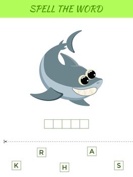 Spelling word scramble game template. Educational activity for preschool years kids and toddlers with cute shark. Flat vector stock illustration.