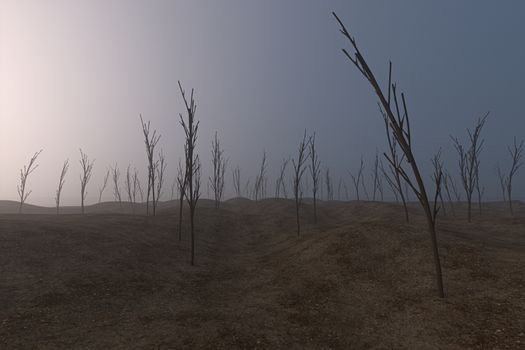 Bare saplings and barren hillsides,3d rendering.