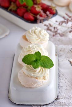 baked cakes of whipped egg whites and cream 