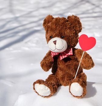 brown teddy bear sits on a snowdrift of snow