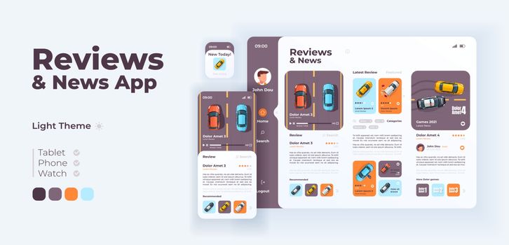 Auto reviews and news app screen vector adaptive design template