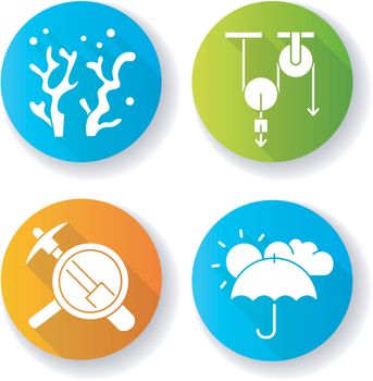 Physical and life sciences flat design long shadow glyph icons set