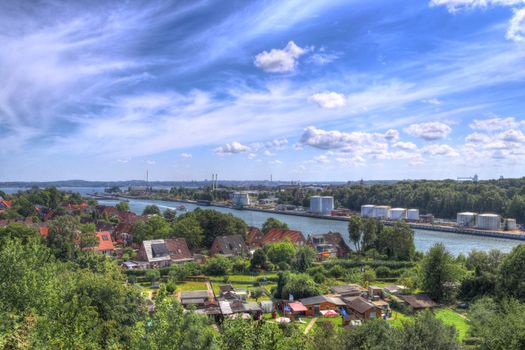 Different views at and from the big Kiel canal bridge in norther