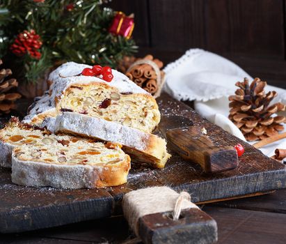  European Stollen cake with nuts and candied fruit 