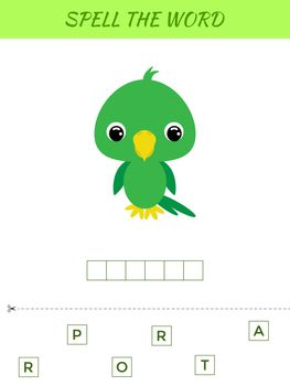 Spelling word scramble game template. Educational activity for preschool years kids and toddlers with cute parrot. Flat vector stock illustration.