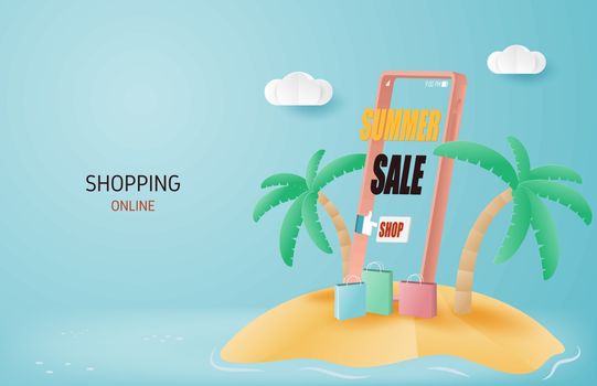 Summer sale online shopping banner concept. Paper art and craft 
