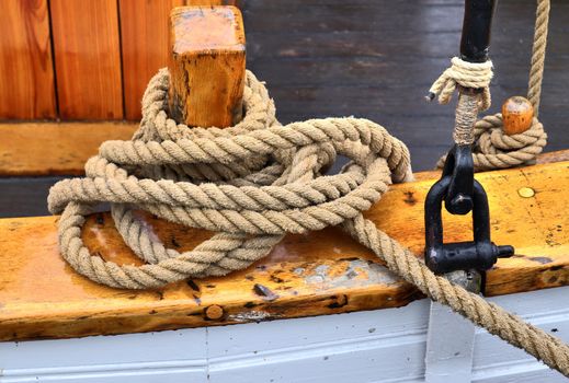 Detailed close up detail of ropes and cordage in the rigging of 