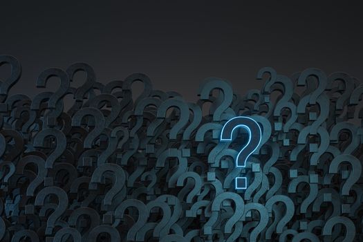 Glowing question marks with dark background, 3d rendering.