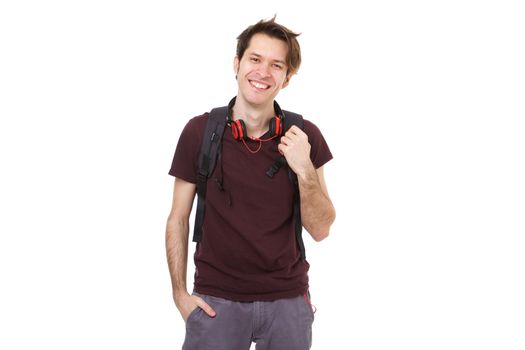 friendly college student with earphones and backpack