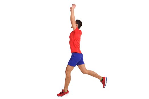 Asian man running with arms raised 