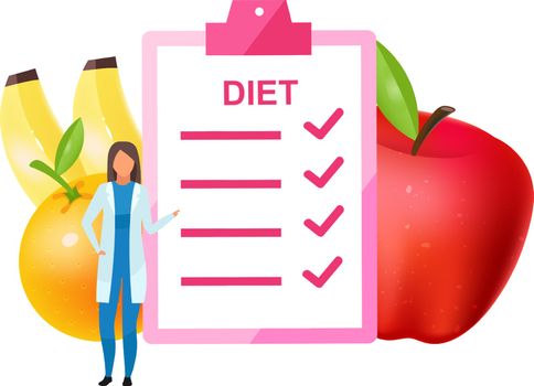 Doctor offering diet plan flat vector illustration. Female nutritionist adding fruits to nutrition ingredients. Dietitian promoting vegetarianism isolated cartoon character on white background