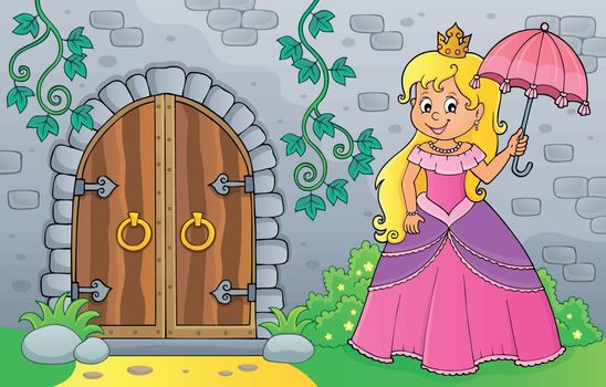 Princess with umbrella by old door