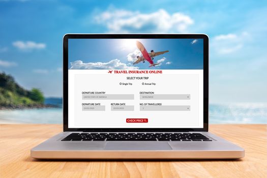 travel insurance online application website screen on laptop com