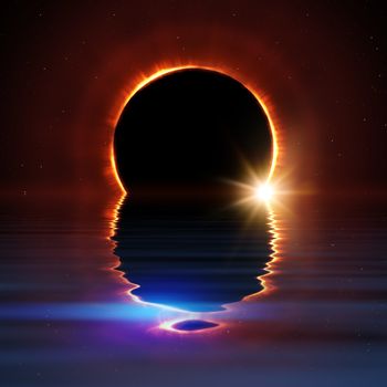 total sun eclipse water reflection with stars and flare