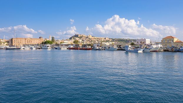 Panoramic view of Milazzo town from the sea, Sicily, Italy