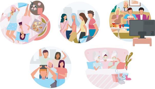 Friends pastime together flat concept icons set. Group of people spending time stickers pack. Shopping together, movie time, sleepover party. Isolated cartoon illustrations on white background