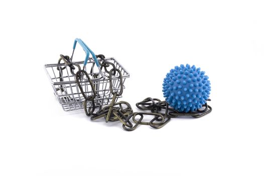 Virus molecule model, chain and shopping basket
