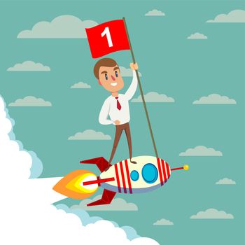 Happy businessman holding number one flag standing on rocket ship flying through sky.