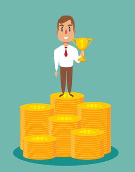 Businessman stands on large stack of coins.