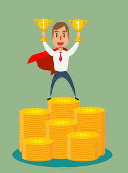 Businessman dressed with superhero cloak is standing on the pile of the coins.