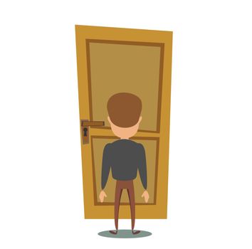Young character in front of a door knob. Entering the building.