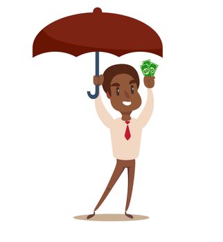 Businessman holding umbrella to protect money.