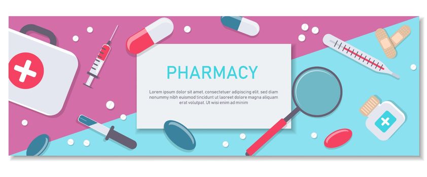 Pharmacy background, pharmacy design, pharmacy templates. Medicine, pharmacy, hospital set of drugs with labels. Medication, pharmaceutics concept. Different medical