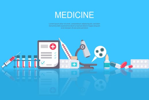 Pharmacy frame with pills, drugs, medical bottles. Drugstore vector flat illustration. Medicine and healthcare banner, poster background with copy space.