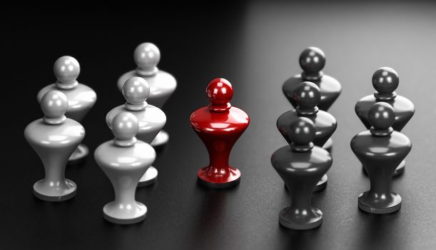 3D illustration of two groups of white and grey pawns and a mediator in the middle. Abstract concept of arbitration between two parties.