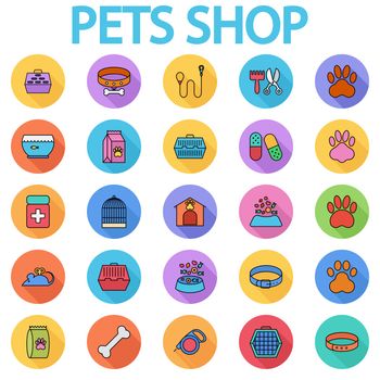 Pets shop icons set. Flat vector related icon set with long shadow for web and mobile applications. It can be used as - logo, pictogram, icon, infographic element. Vector Illustration. 