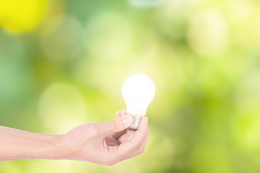 Human hand concept, saving energy from light bulbs, natural boke