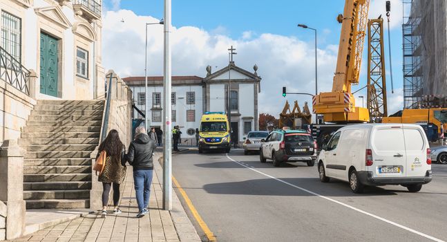 Portuguese ambulance passing through the city center of Porto, P