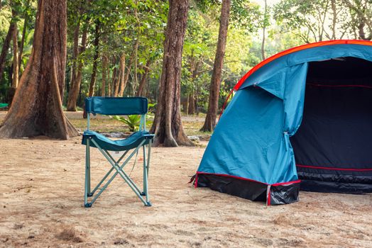 Campsite and Tent for Campfire in Holiday at National Park, Camping Site for Outdoors Leisure Activity Relaxation. Adventure and Vacation Lifestyles Concept