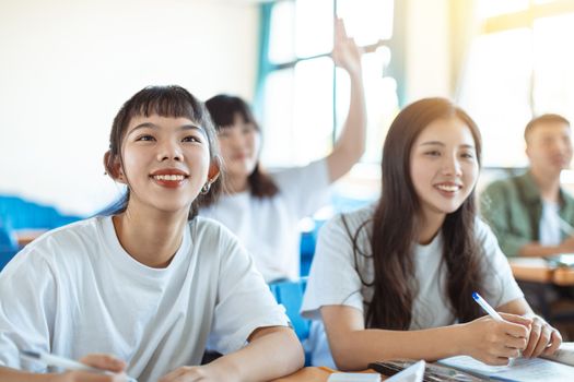 asian teenager Student Study with Classmate in Classroom 
