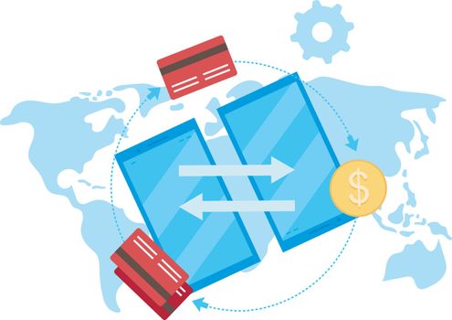 Global payment system flat vector illustration. International financial credit cards transaction cartoon concept. Money transfer, remittance service. Peer to peer payments gateway isolated metaphor
