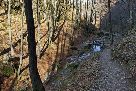 Autumn walk through the labyrinth of the Teteven Balkan with high peaks, river and bridge, Stara Planina