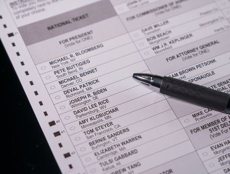 Democratic party absentee voter ballot form with focus on Joe Biden